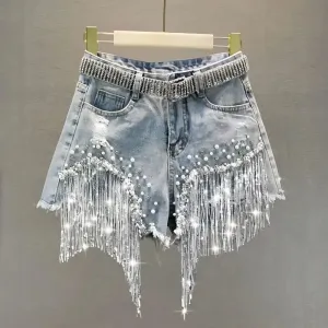 Aiertu Women Denim Shorts Summer High Waist Slim Heavy Beaded Sequin Fringed Ripped Wide Leg Jeans Shorts