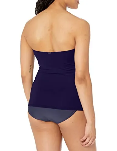 Anne Cole Women's Solid Twist Front Shirred Bandeau Tankini Swim Top, Navy, X-Small