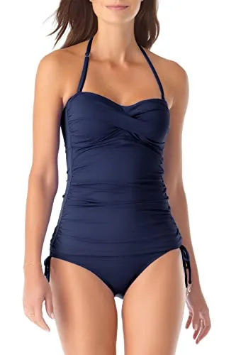 Anne Cole Women's Solid Twist Front Shirred Bandeau Tankini Swim Top, Navy, X-Small