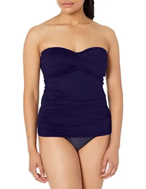 Anne Cole Women's Solid Twist Front Shirred Bandeau Tankini Swim Top, Navy, X-Small