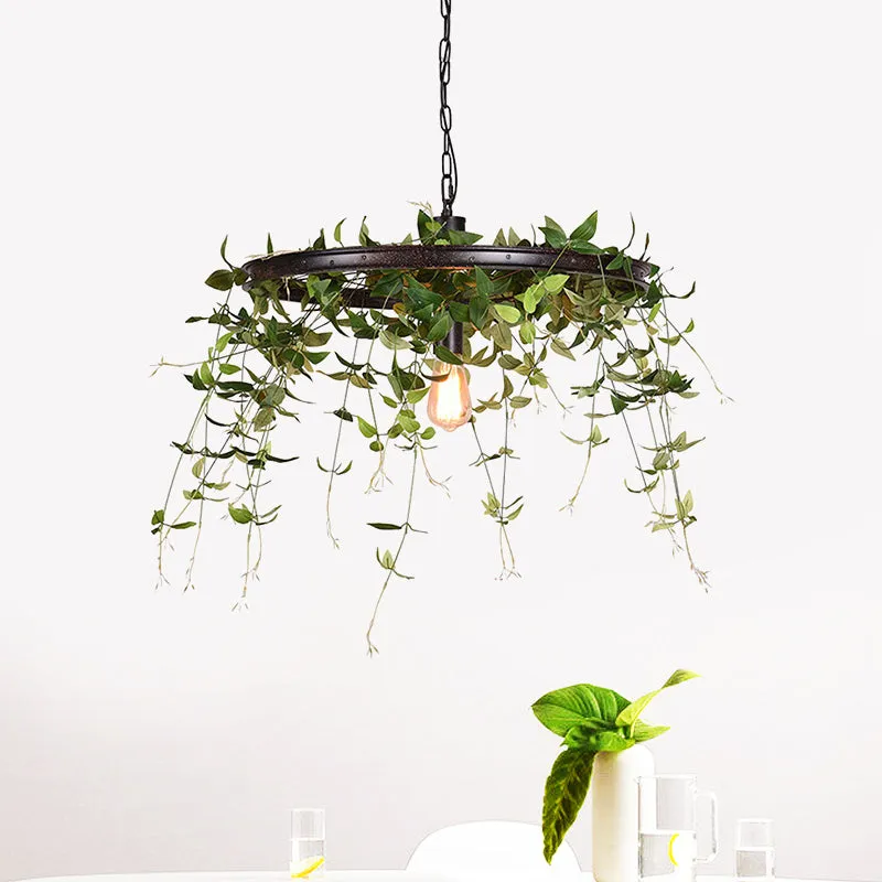 Black Metal Farmhouse Hanging Lamp Kit - 12.5"/15" W 1-Head Pendant Light with Plant Deco for Restaurants