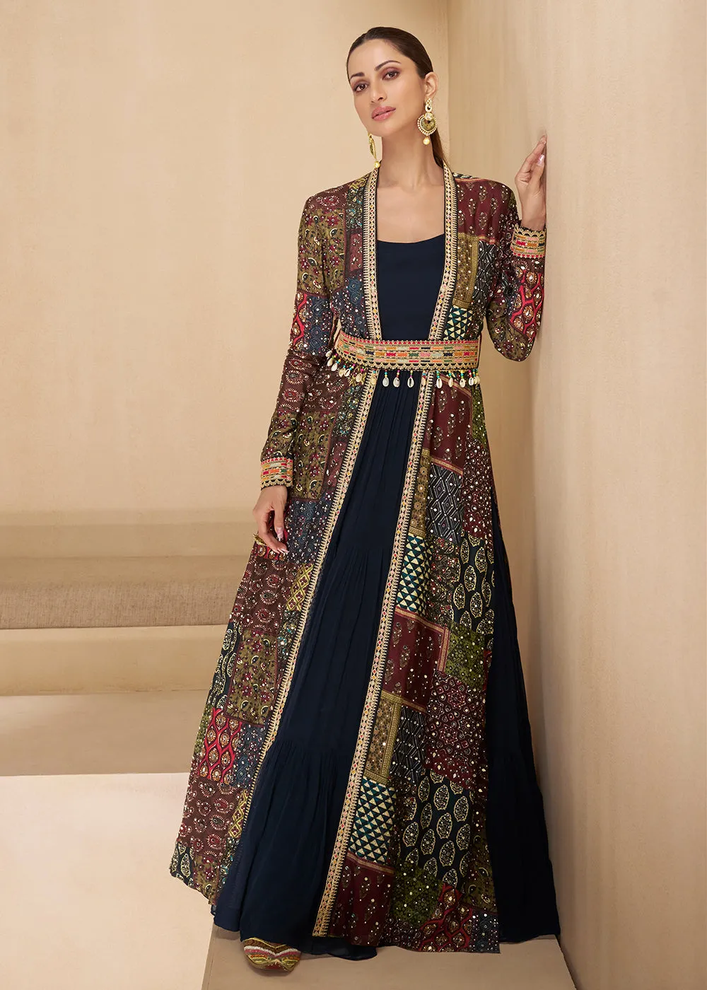 Blue Embroidered Georgette Shrug Style Anarkali Suit