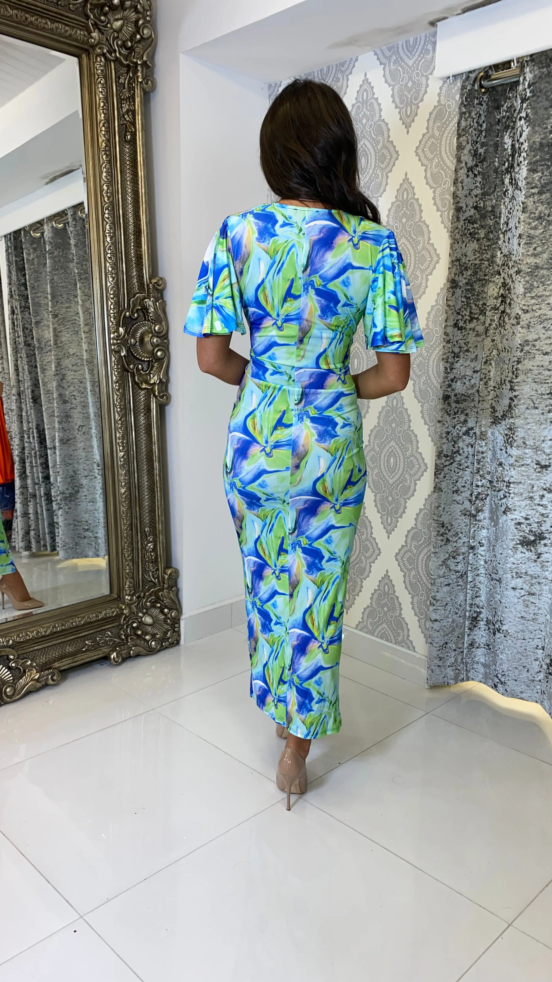 Blue/Green Marble Print Frill Sleeve Dress