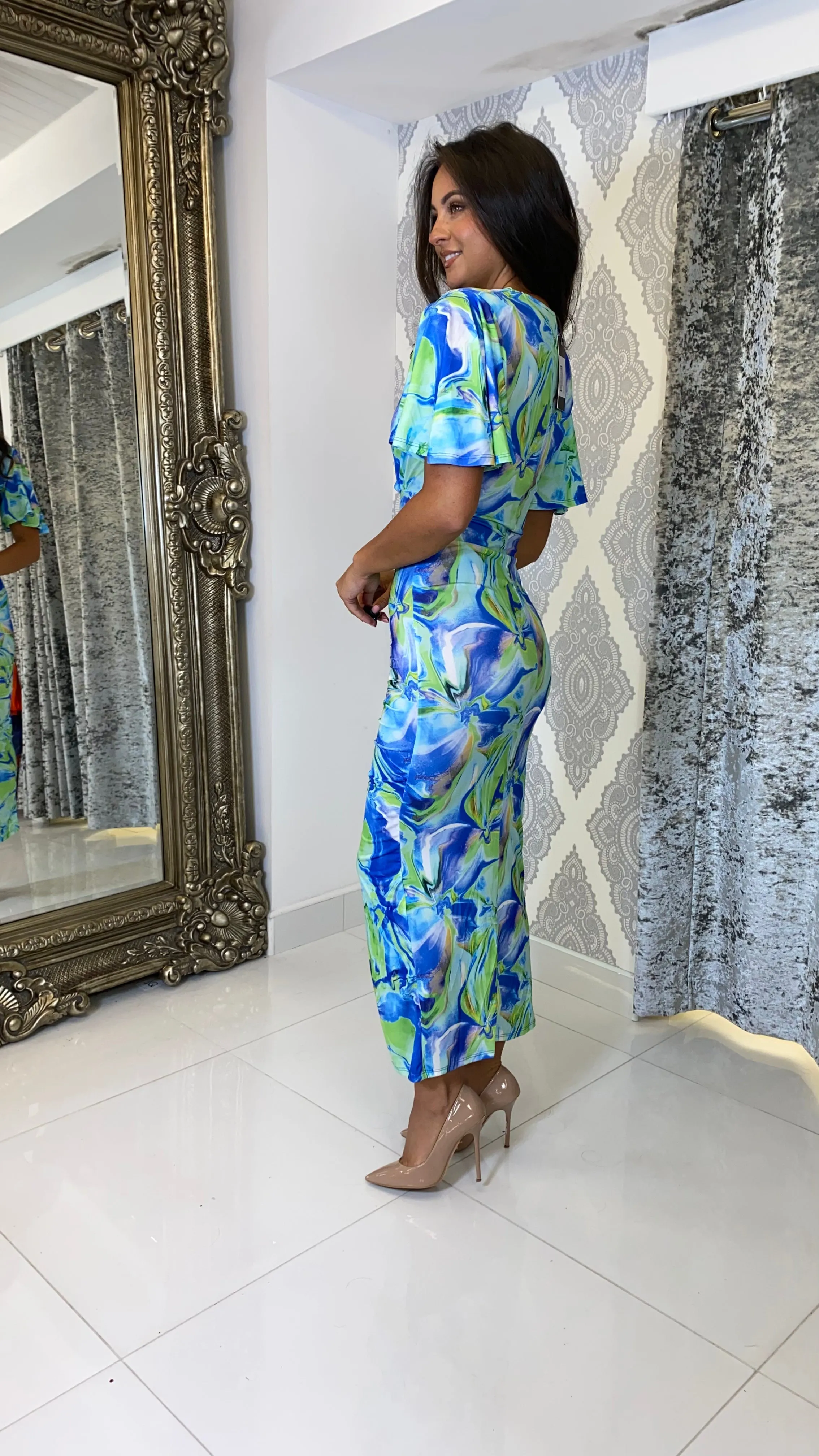 Blue/Green Marble Print Frill Sleeve Dress