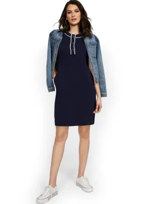 Button Placket Short-Sleeve Shift Dress - City Knits