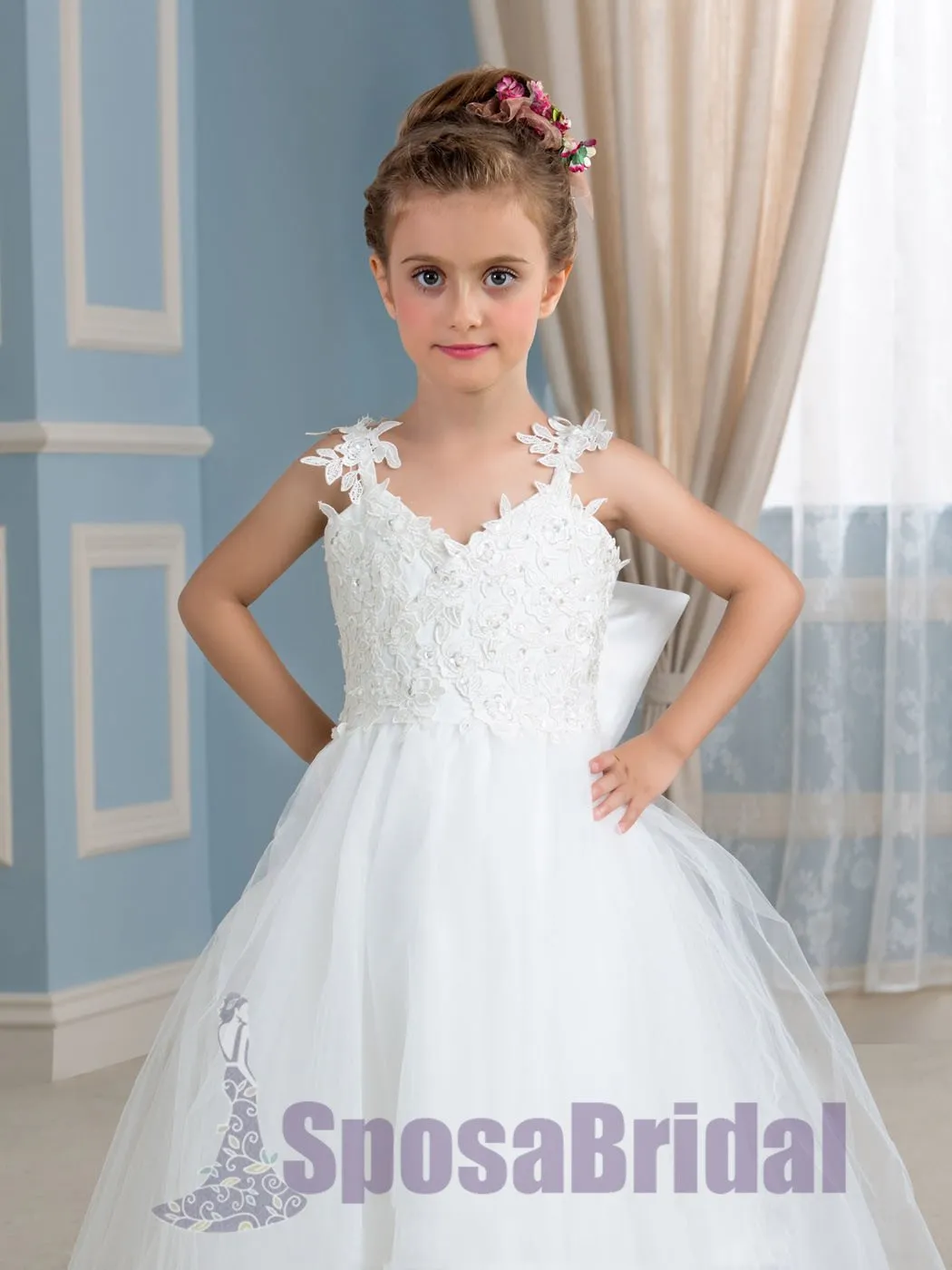 Cheap Comfortable Tulle Straps Lace Appliques Flower Girl Dresses with bow , Junior Bridesmaid Dresses, FG105