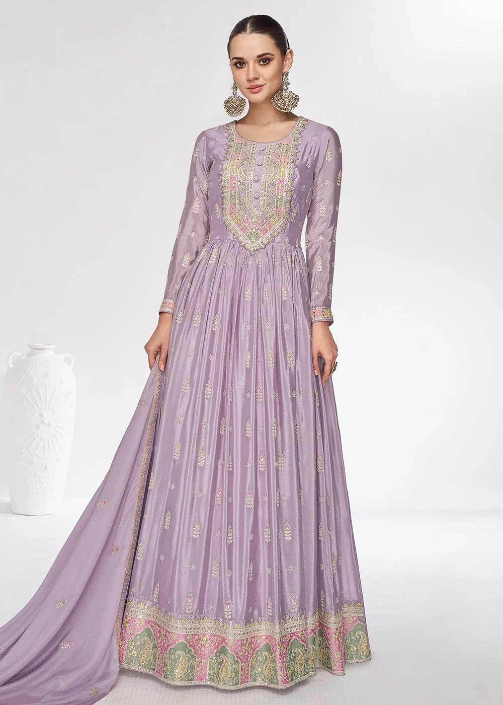 Chinnon Premium Lavender Embroidered Wedding Anarkali Suit