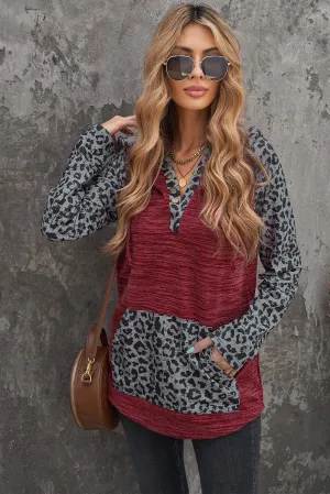 Color Block Leopard Hoodies for Women Long Sleeves Hooded Sweatshirt