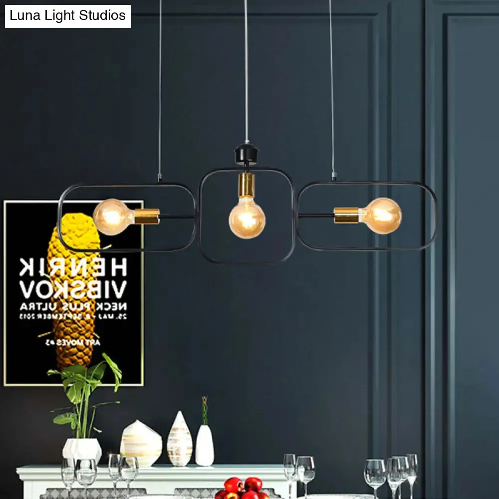 Contemporary 3-Head Frame Pendant Chandelier: Black & Gold Suspended Lighting Fixture