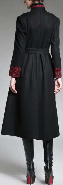 Contrasting Embroidered Wool Coat