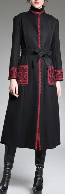 Contrasting Embroidered Wool Coat