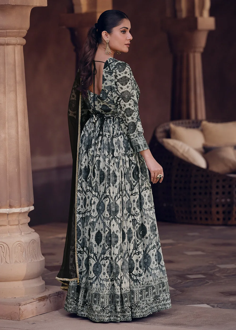 Cream Black Digital Printed Designer Anarkali Gown