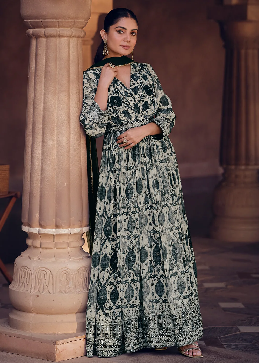 Cream Black Digital Printed Designer Anarkali Gown