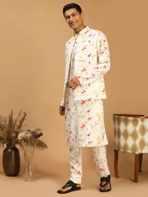 Cream Printed Nehru Jacket & Multicolor Kurta Set