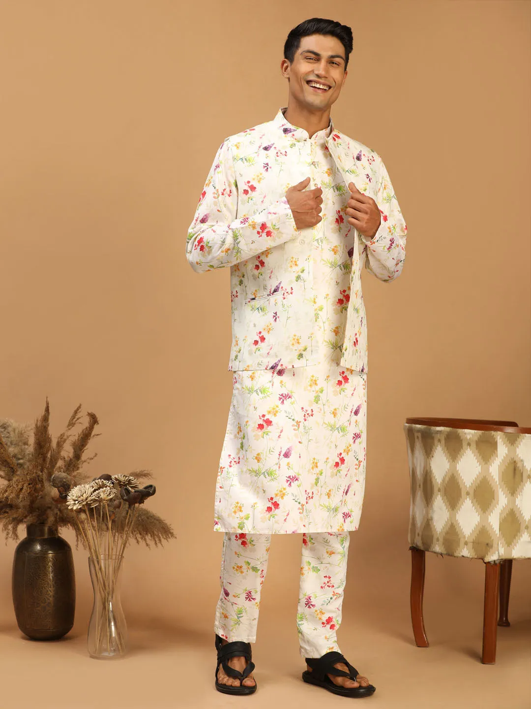 Cream Printed Nehru Jacket & Multicolor Kurta Set