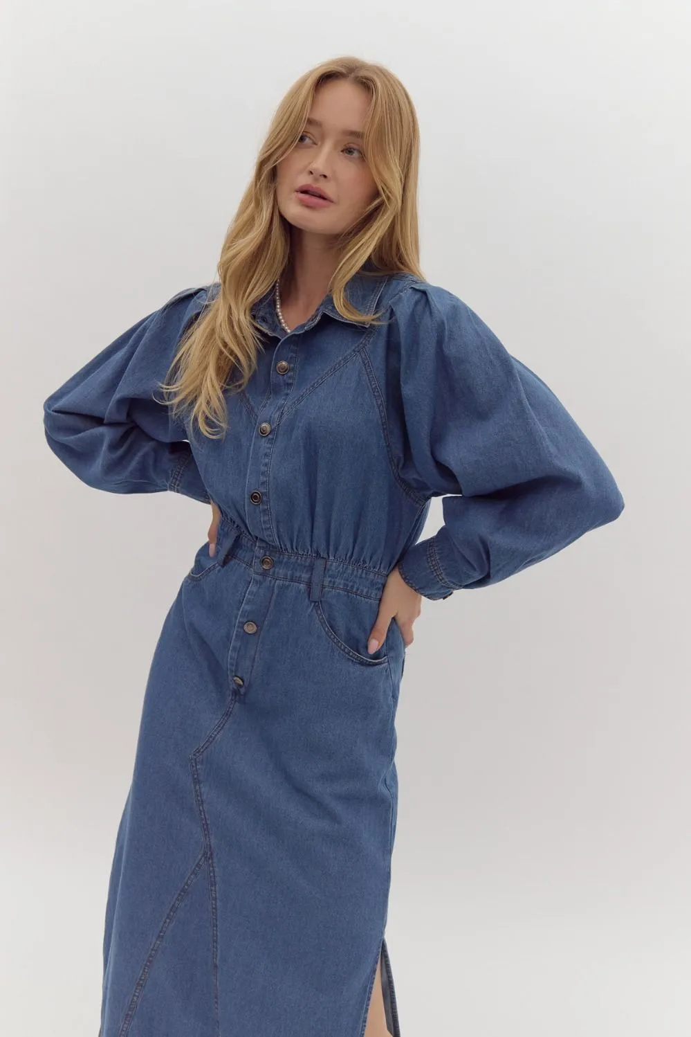 Denim Midi Shirt Dress w/ Side Slit