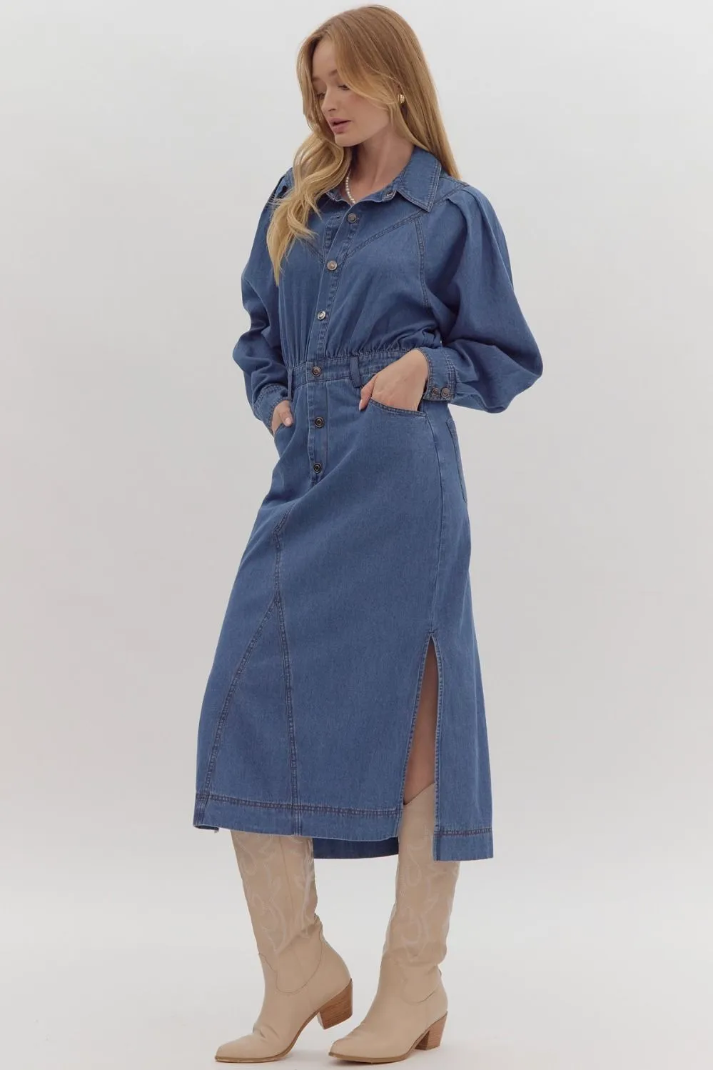 Denim Midi Shirt Dress w/ Side Slit