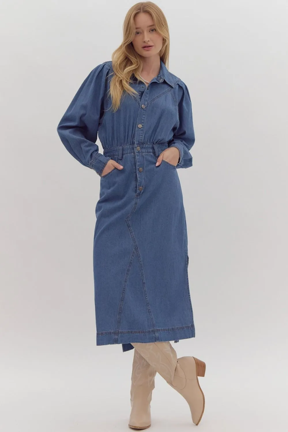 Denim Midi Shirt Dress w/ Side Slit