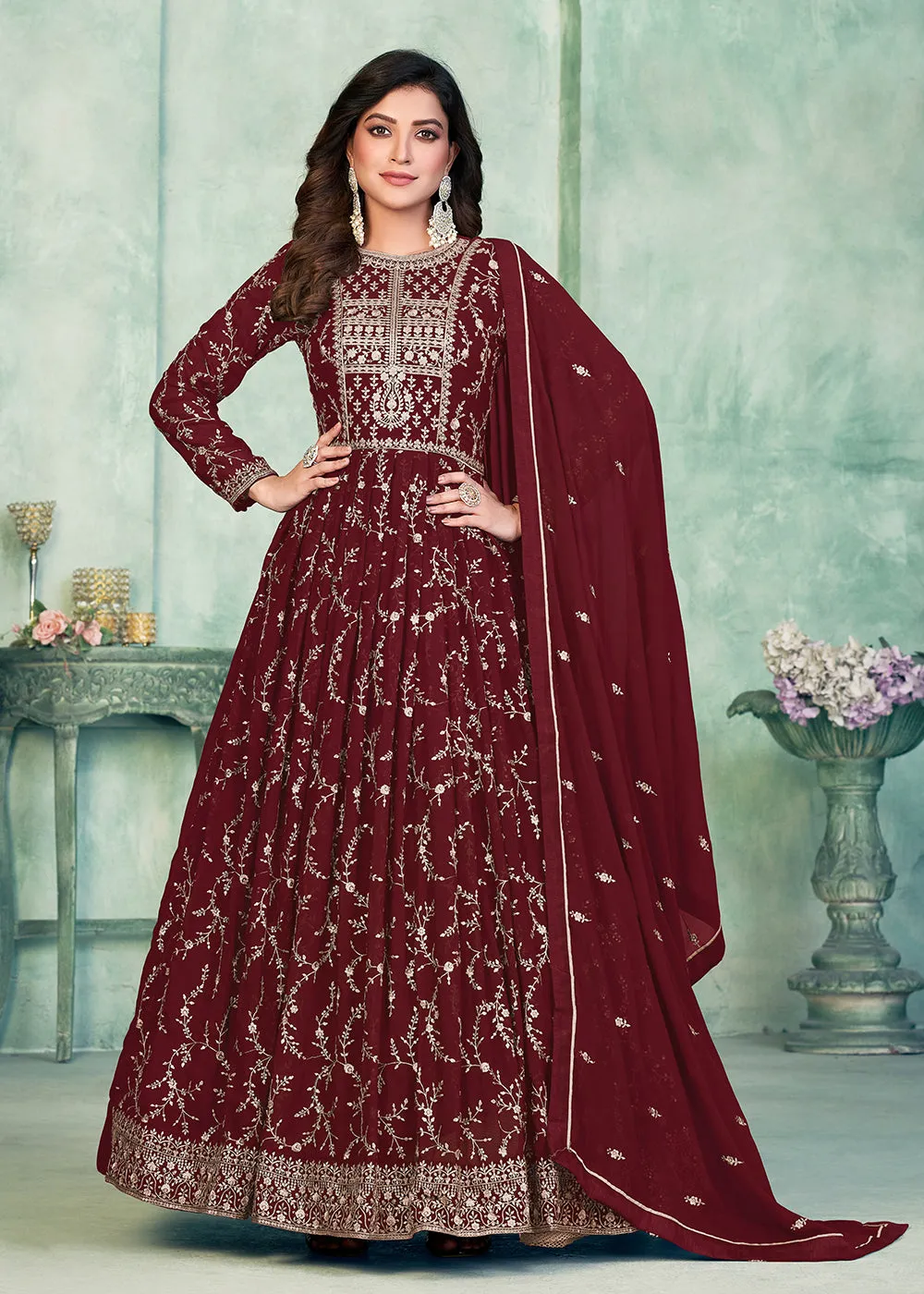 Designer Maroon Embroidered Wedding Party Anarkali Suit