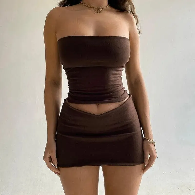 Double Delight Nude Bandeau Top & Mini Skirt Set