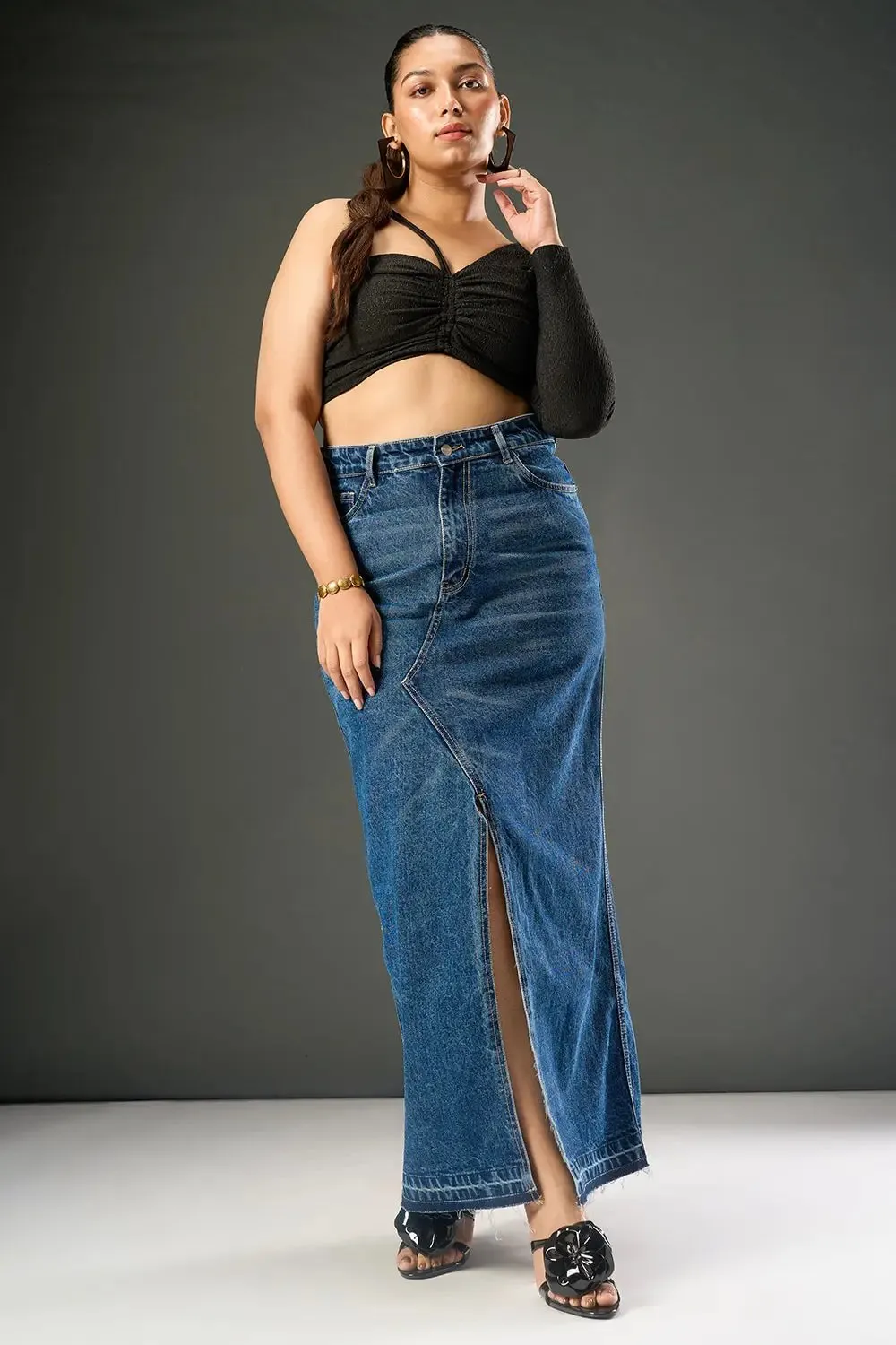 Dusk Blue Curve Mid Slit Maxi Skirt