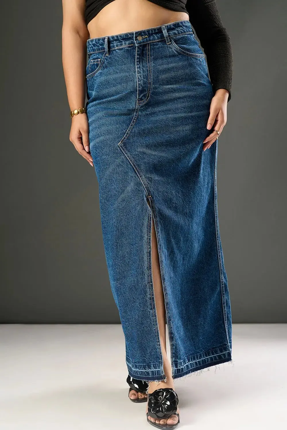 Dusk Blue Curve Mid Slit Maxi Skirt