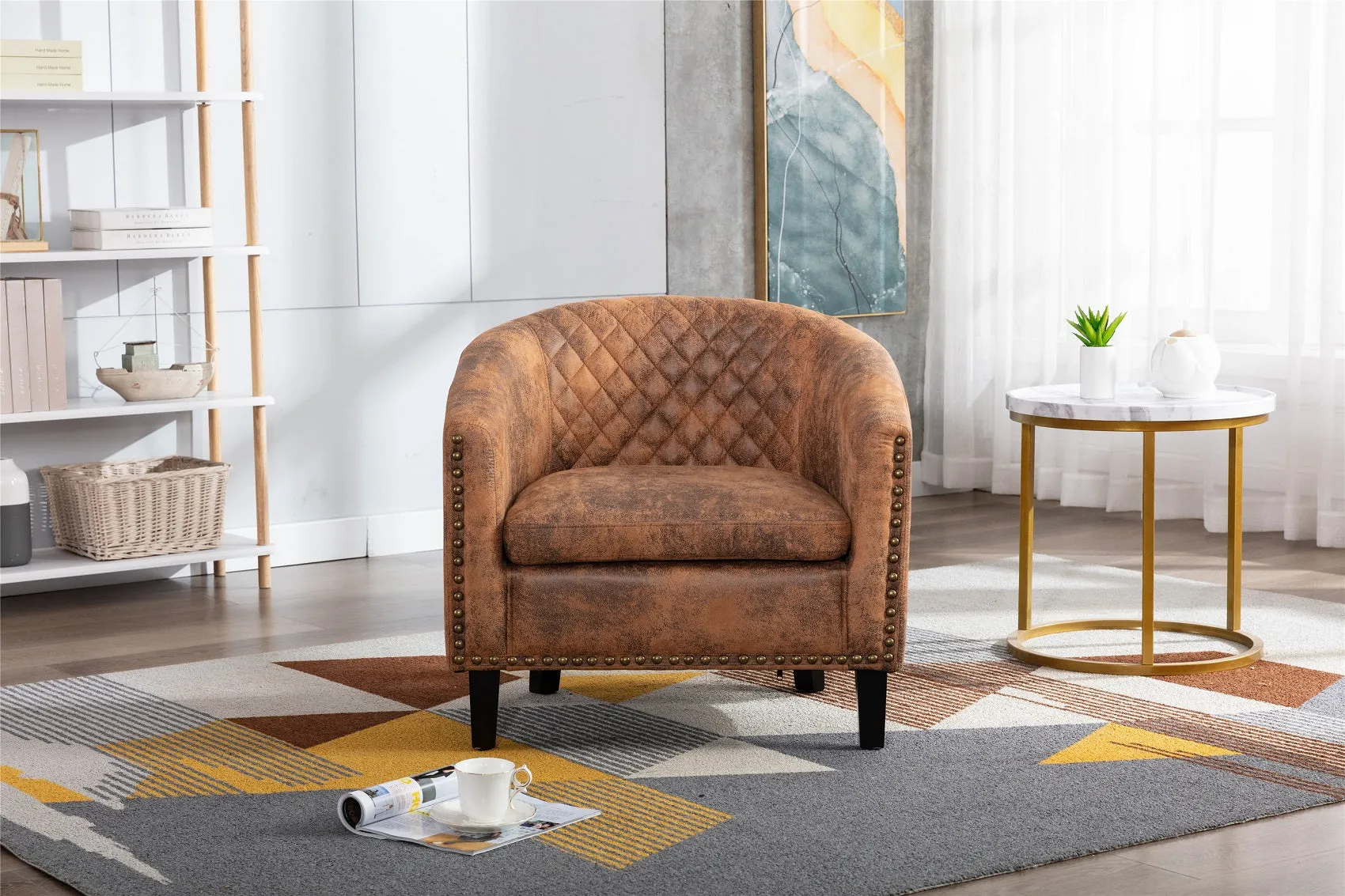 Fablise Accent Barrel Armchair with Nailheads in Light Coffee