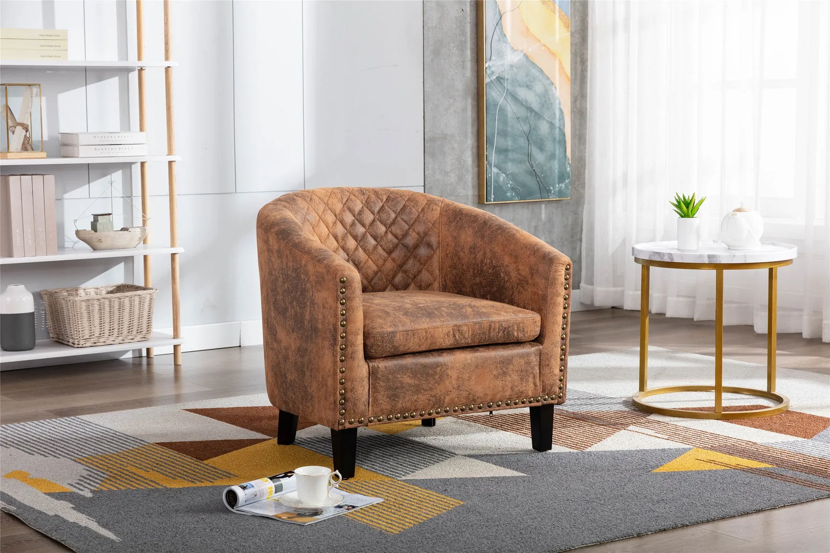 Fablise Accent Barrel Armchair with Nailheads in Light Coffee