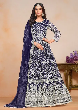 Festive Navy Blue Embroidered Net Designer Anarkali Dress