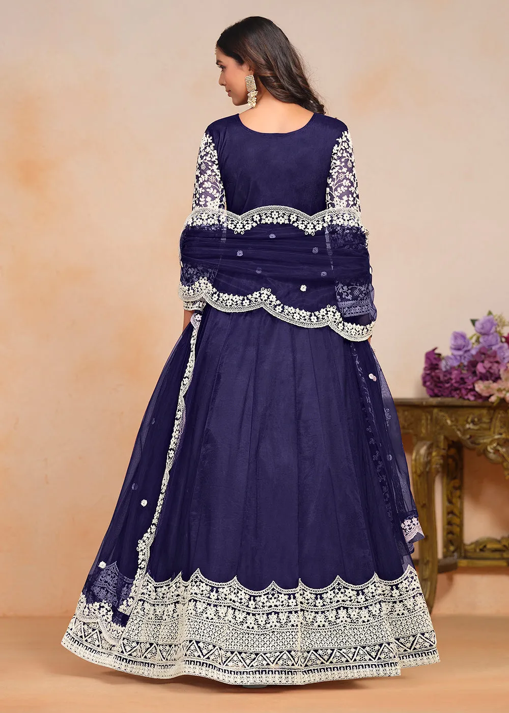 Festive Navy Blue Embroidered Net Designer Anarkali Dress