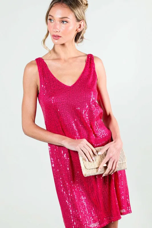 Fuchsia V-Neck Sleeveless Sequin Mini Dress