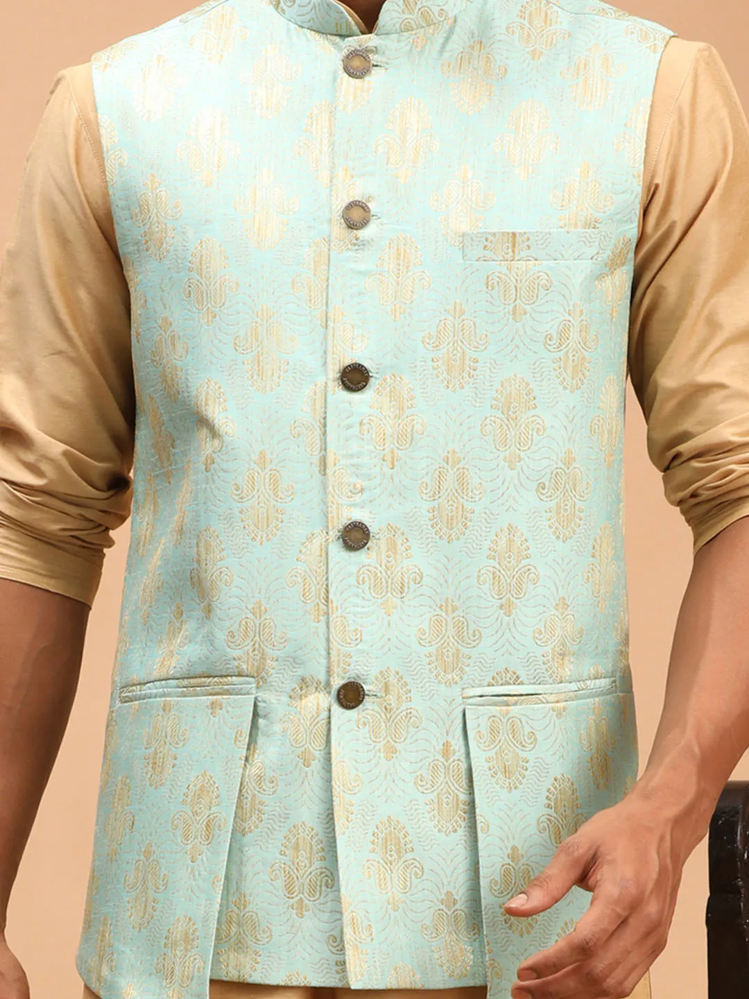 Green Woven Ethnic Sleeveless Jacket