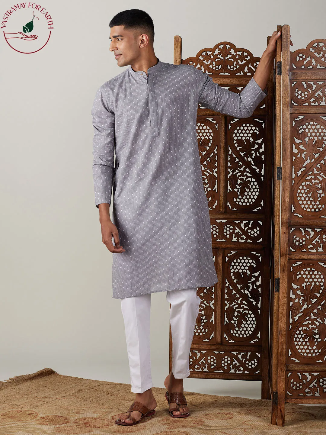 Grey Cotton Jacquard Kurta With White Pant