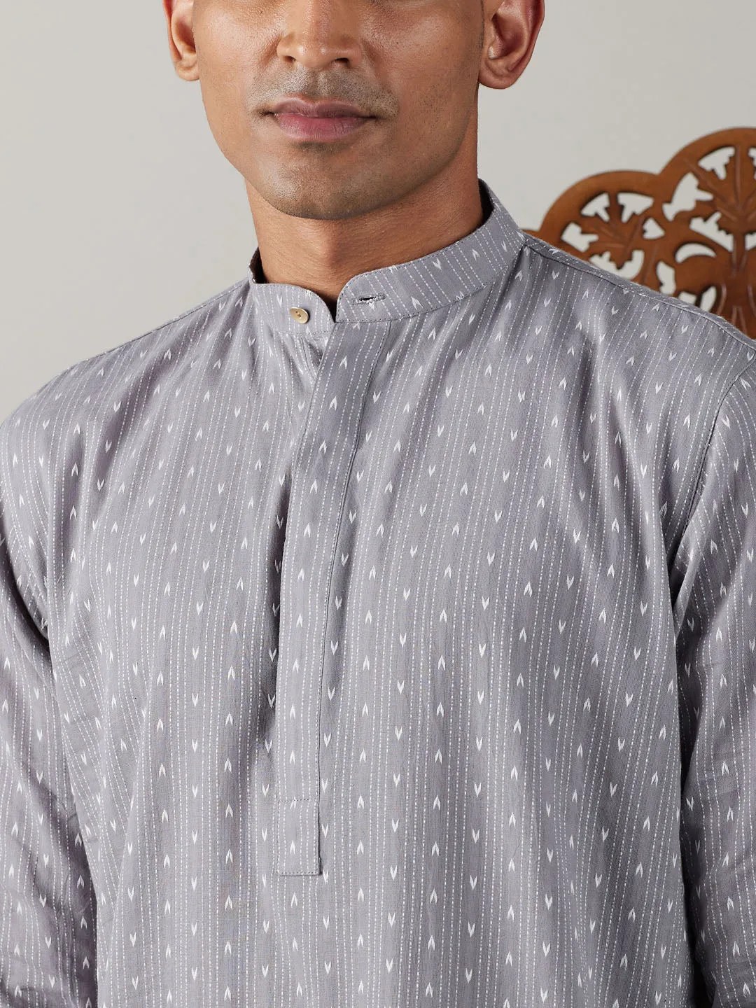 Grey Cotton Jacquard Kurta With White Pant