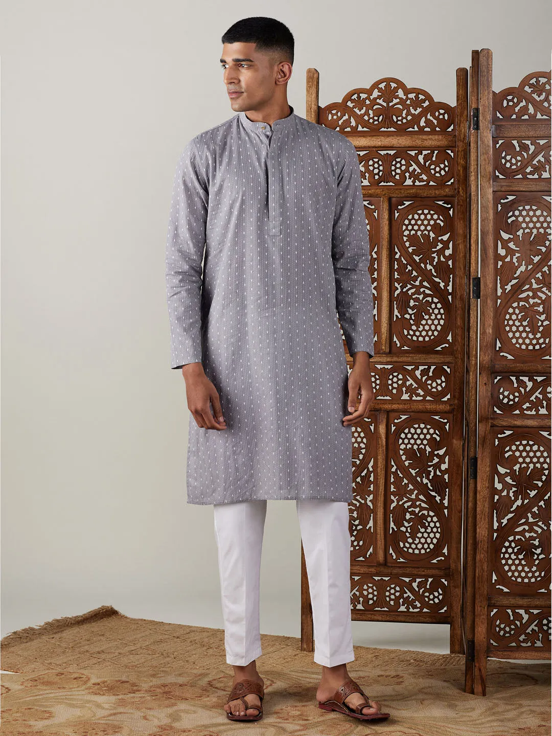 Grey Cotton Jacquard Kurta With White Pant