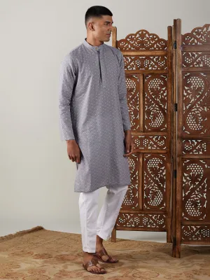 Grey Cotton Jacquard Kurta With White Pant