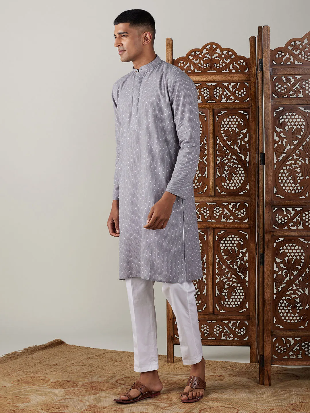 Grey Cotton Jacquard Kurta With White Pant