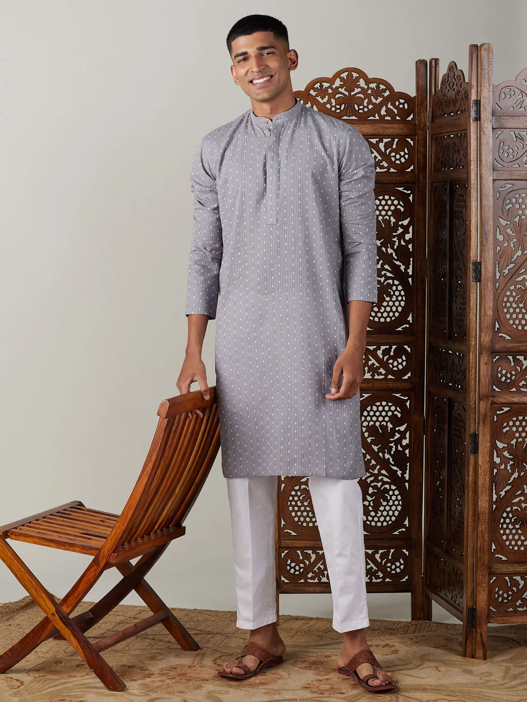 Grey Cotton Jacquard Kurta With White Pant