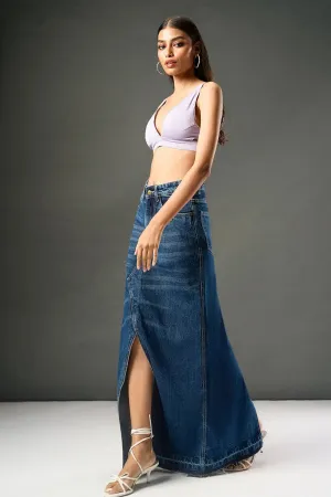 Indigo Wave Mid Slit Maxi Skirt