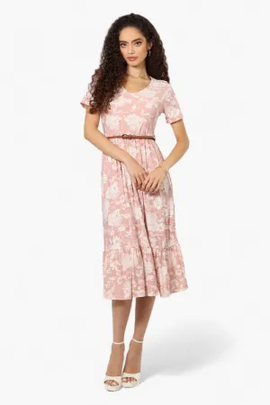 International INC Company Floral Belted Short Sleeve Maxi Dress - Blush