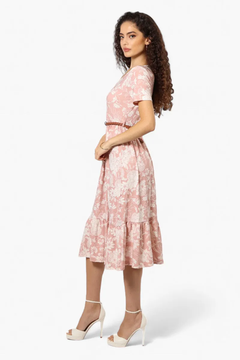 International INC Company Floral Belted Short Sleeve Maxi Dress - Blush