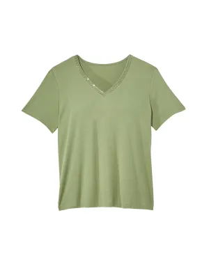 Jessica V-Neck Knit Top With Small Stud Detail | Olive Green