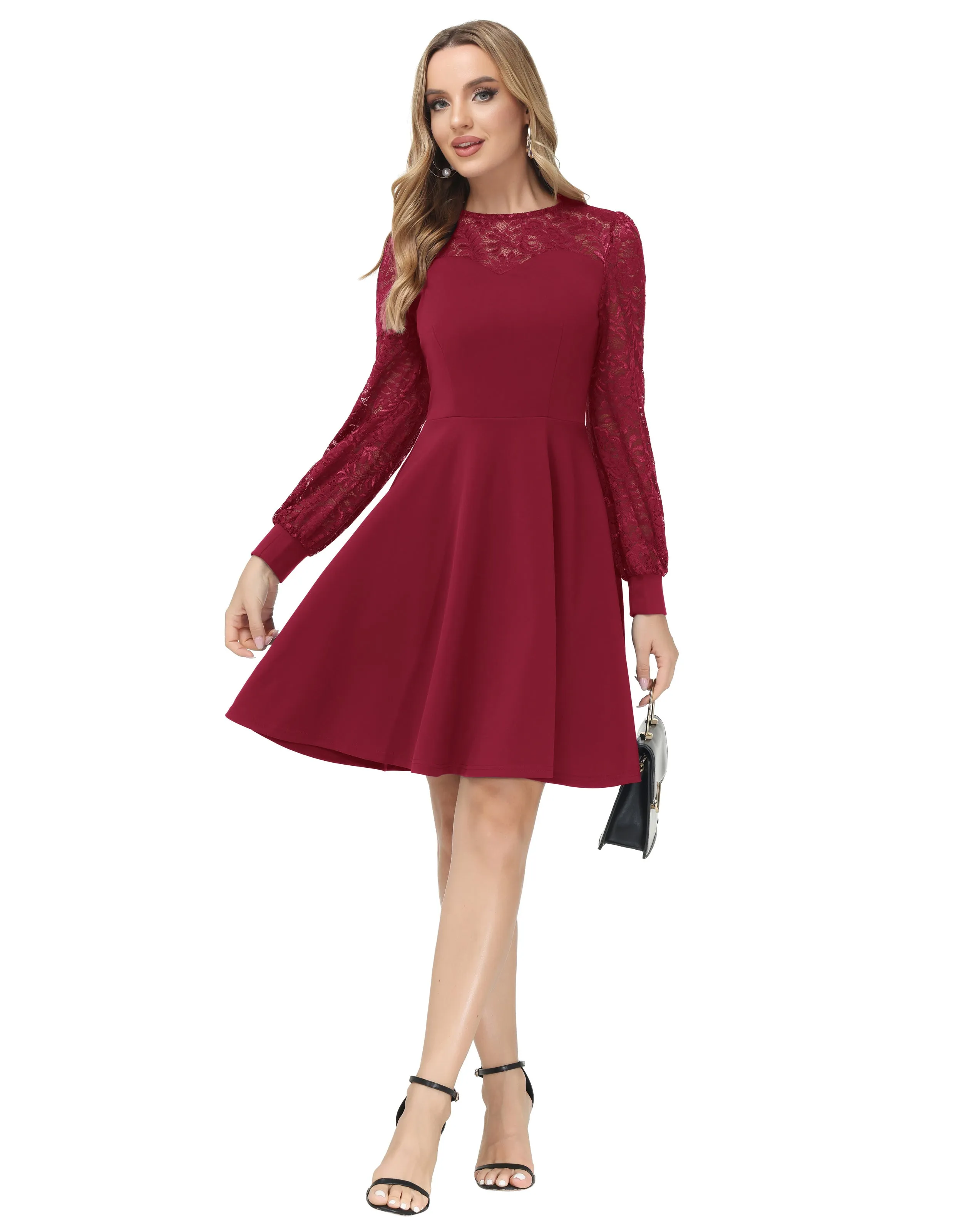 Lace Patchwork Dress Long Sleeve Crew Neck Flared A-Line Dress