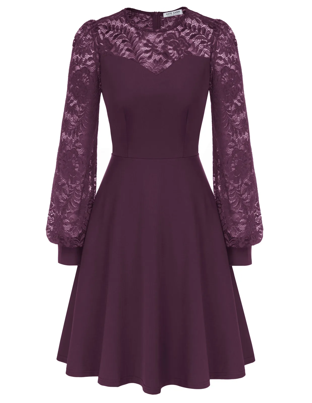 Lace Patchwork Dress Long Sleeve Crew Neck Flared A-Line Dress