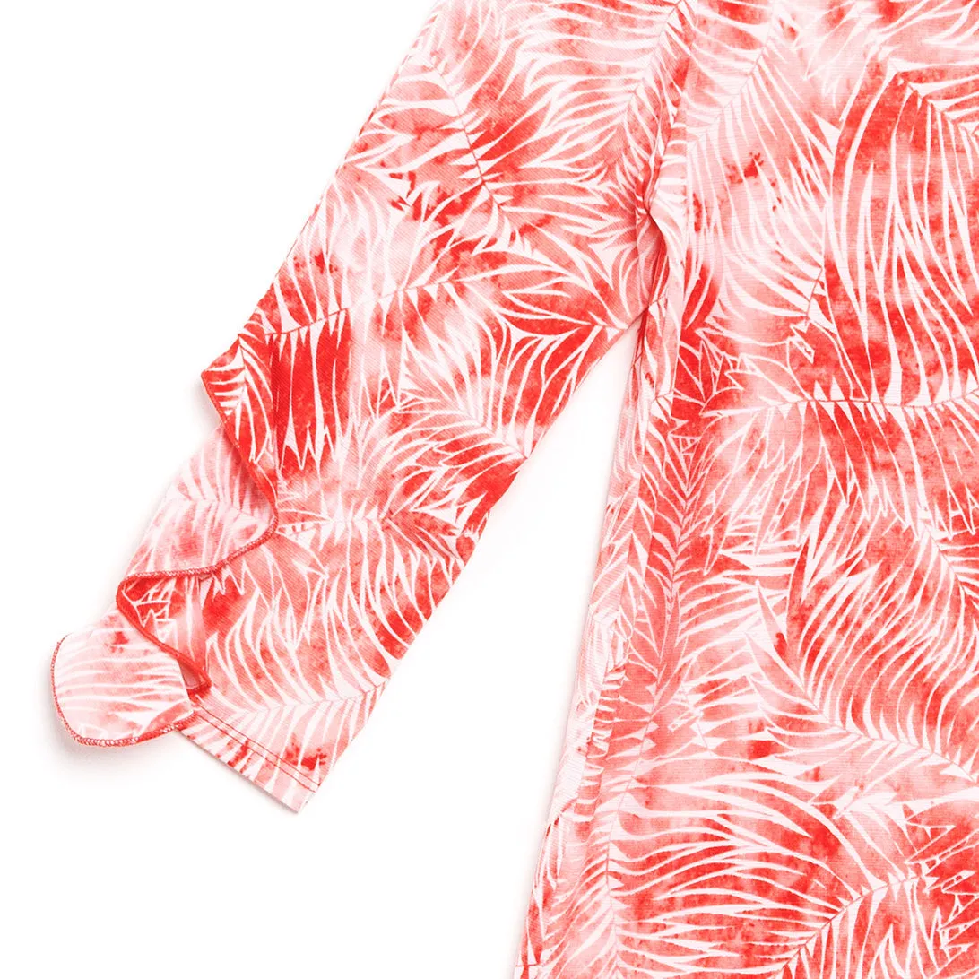 Light Knit - Flutter Cuff Angle Vent Tunic - Palm Branch-Coral - Final Sale!