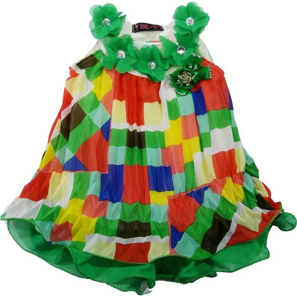 Little Girls Green Geometric Print Crinkling Chiffon Swing Dress 24M-8