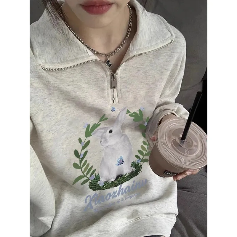 Loose Chic Zipper Polo Neck Women's Hoodies Fashion Streetwear Printed Casual Winter Female Hoodies Simple Office Ladies