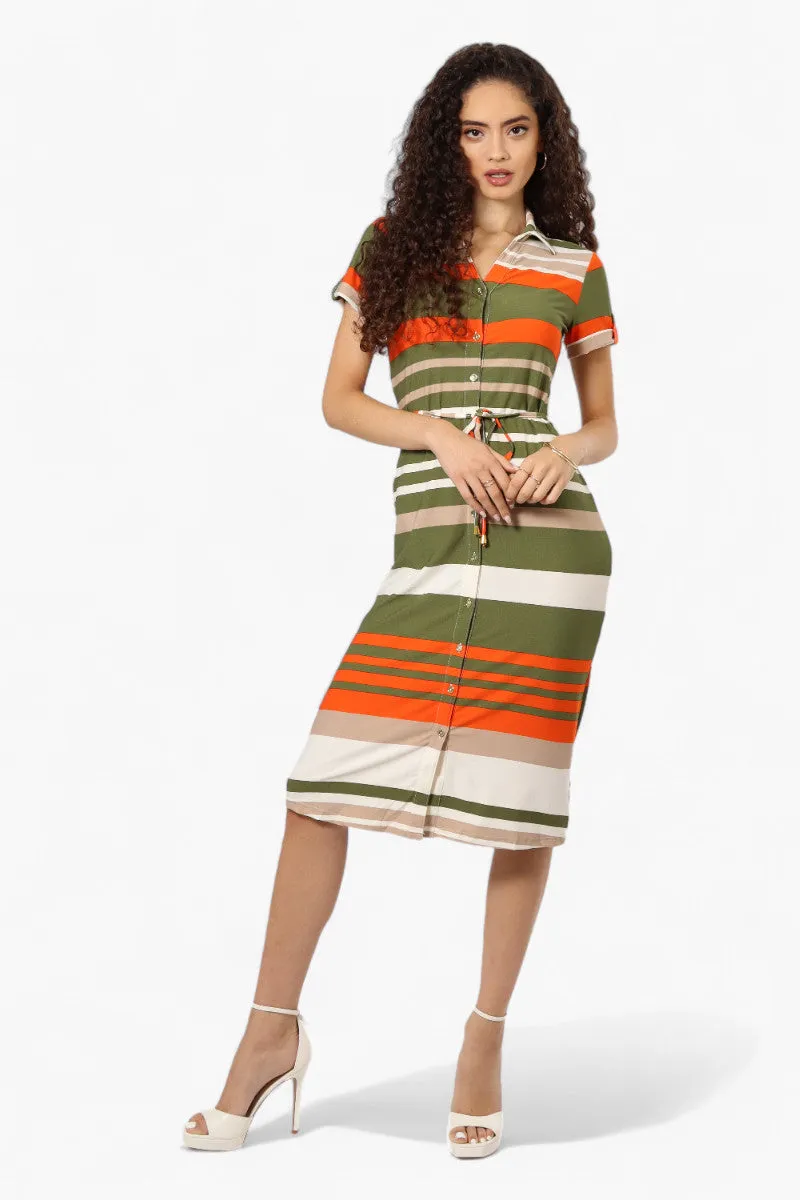 Majora Striped Button Down Tie Waist Maxi Dress - Olive