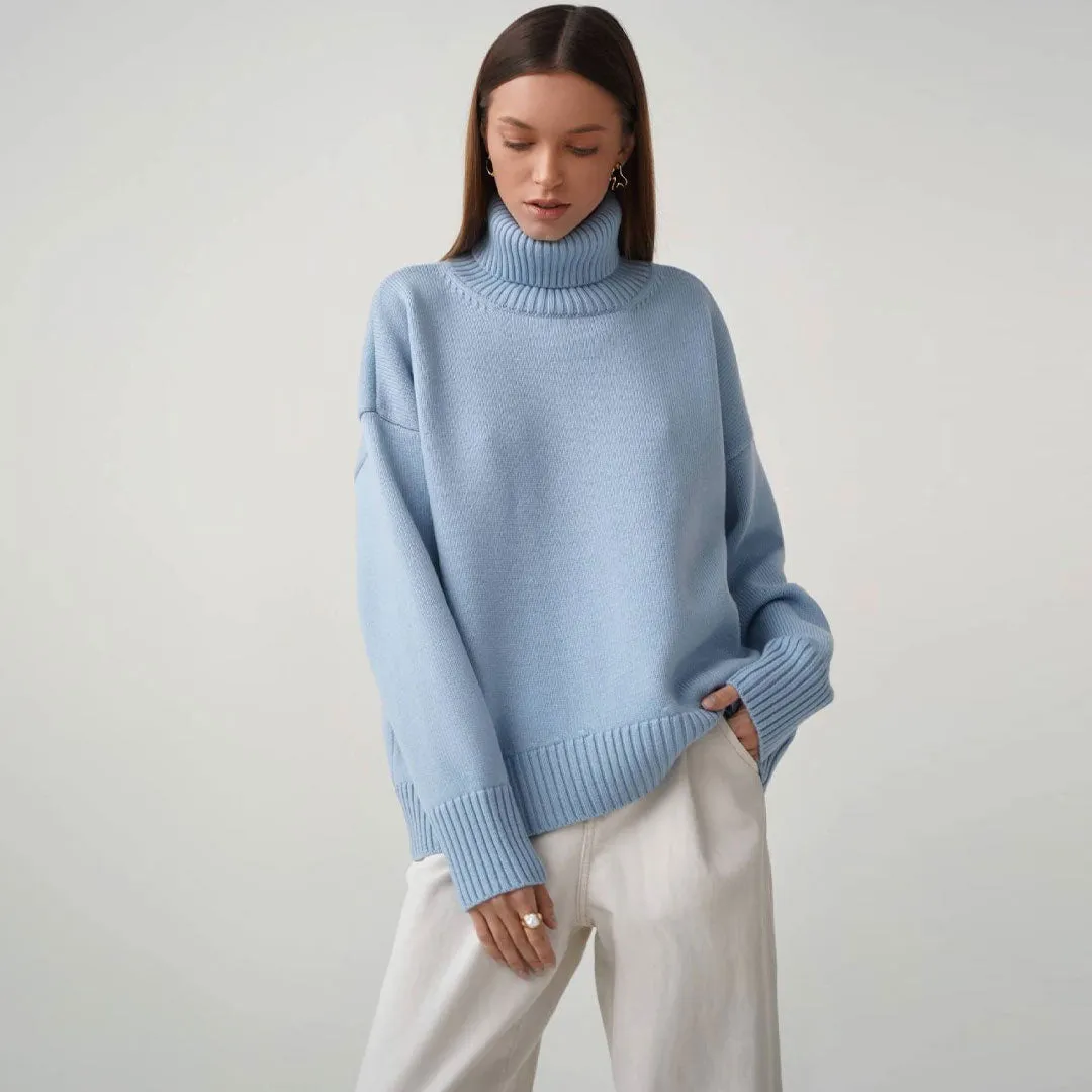 Oversized Rib Knit High Low Turtleneck Long Sleeve Sweater - Baby Blue