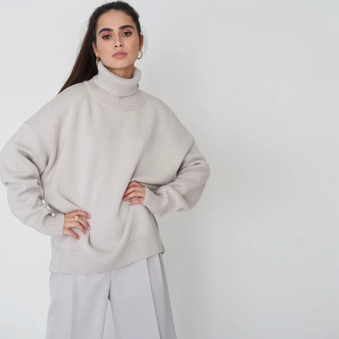 Oversized Rib Knit High Low Turtleneck Long Sleeve Sweater - Gray